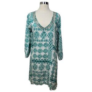 Ace Fashion White Green Beaded V Neck Tunic Cover Up Dress S Boho Resort Wear